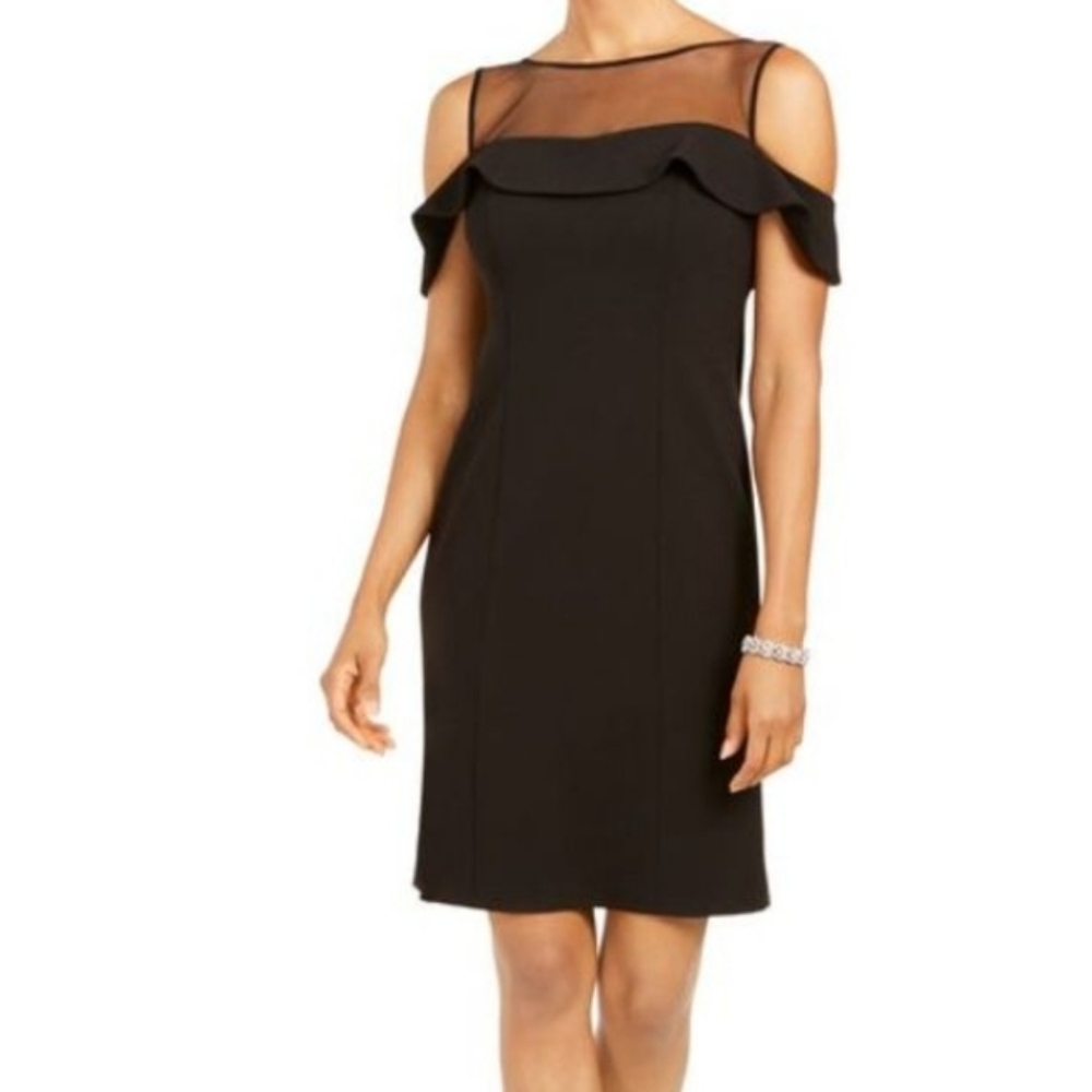 R&M Richards Black Mesh Yoke Ruffle Cocktail Dress Size 10 NWT